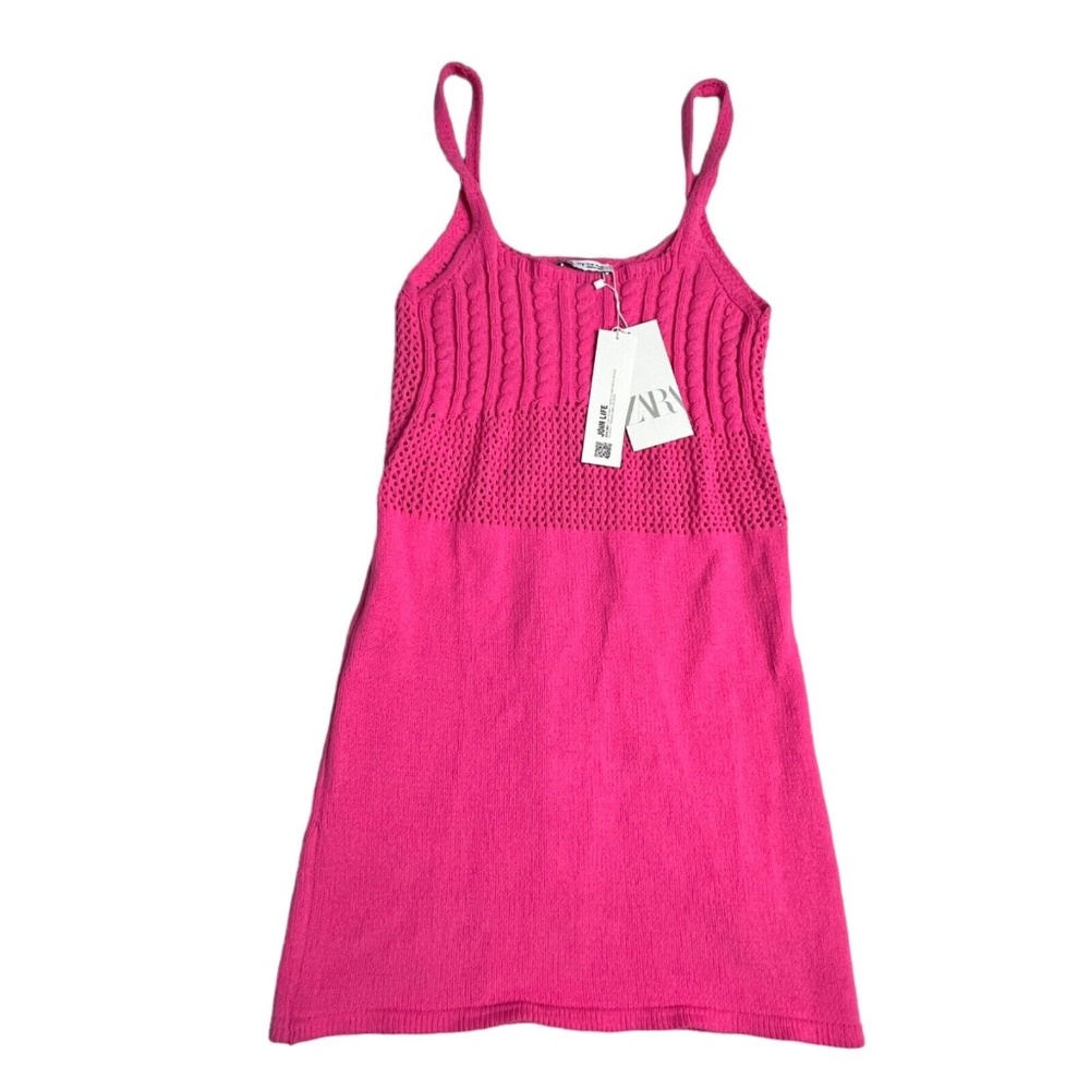 Zara Dress Womens Medium Pink Knit Crochet Panel Straps Tank Stretch Spring New